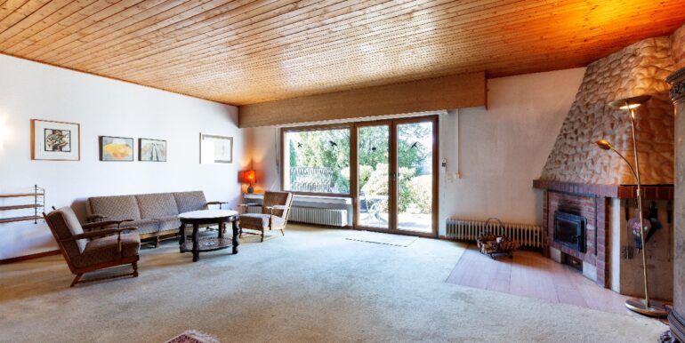 Wohnraum mit Kamin und Terrassenzugang